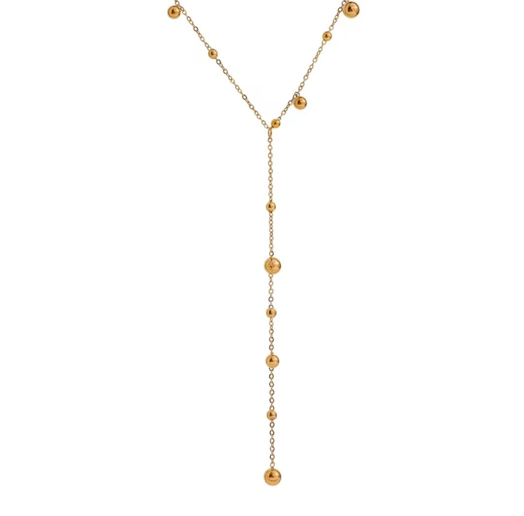 Gold Stainless Steel Lariat Necklace with Beaded Chain – Elegant Minimalist Drop Necklace for Women