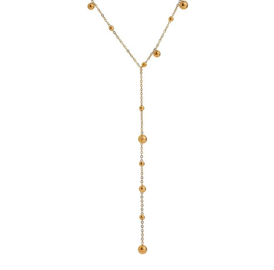 Gold Stainless Steel Lariat Necklace with Beaded Chain – Elegant Minimalist Drop Necklace for Women